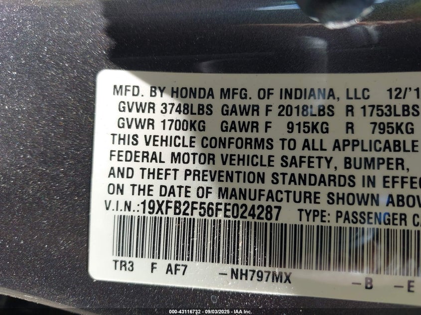 2015 HONDA CIVIC LX - 19XFB2F56FEO24287