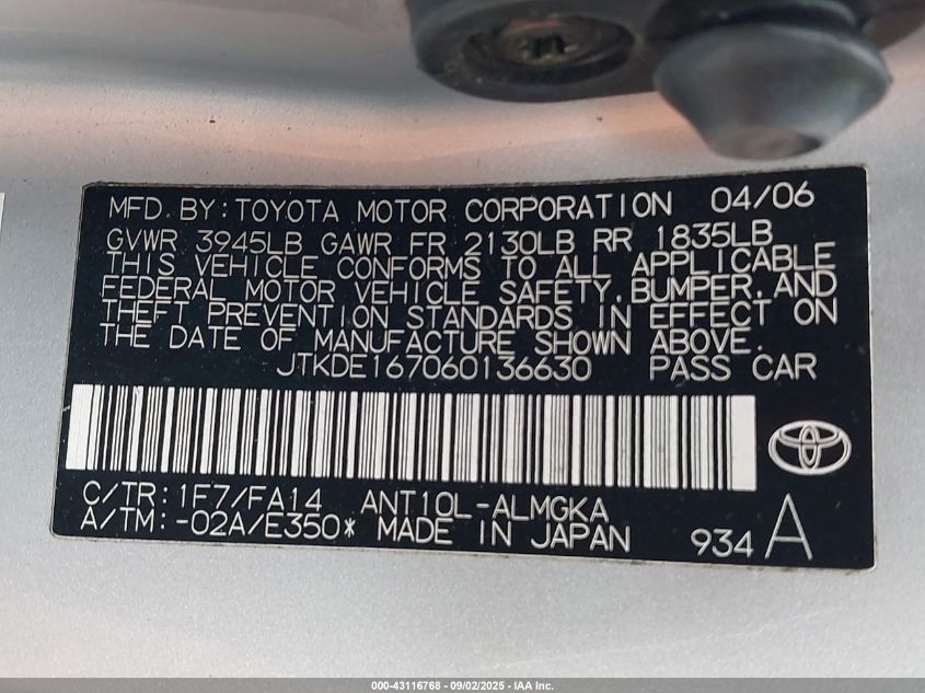 2006 Scion Tc VIN: JTKDE167060136630 Lot: 43116768