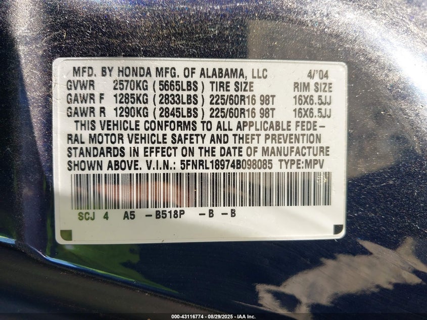 2004 Honda Odyssey Ex-L VIN: 5FNRL18974B098085 Lot: 43116774