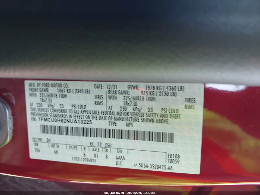 2022 Ford Escape Sel VIN: 1FMCU0H62NUA13225 Lot: 43116779