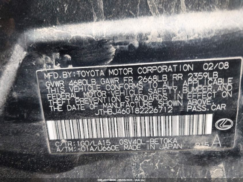 2008 Lexus Es 350 VIN: JTHBJ46G182226712 Lot: 43116806