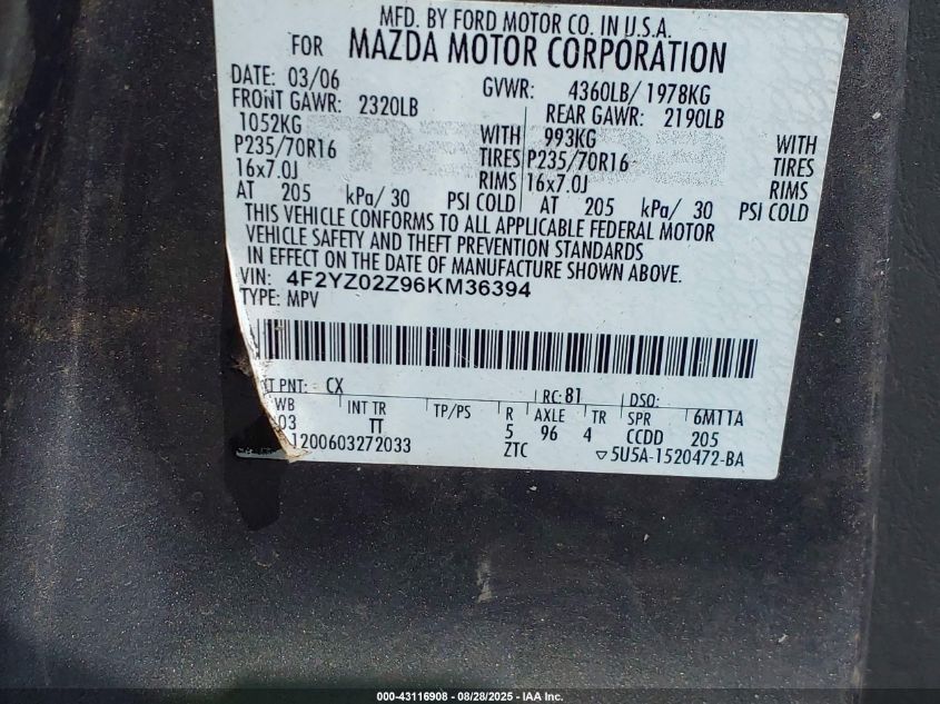 2006 Mazda Tribute I VIN: 4F2YZ02Z96KM36394 Lot: 43116908