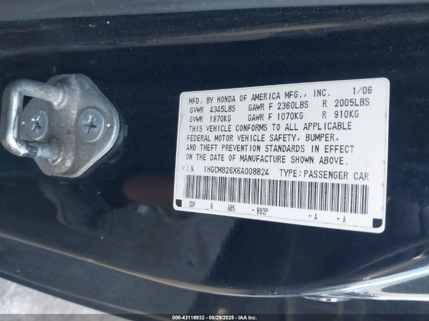 2006 Honda Accord 3.0 Ex VIN: 1HGCM826X6A008824 Lot: 43116932