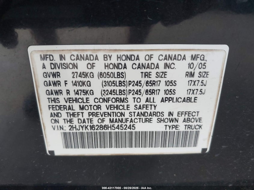 2006 Honda Ridgeline Rt VIN: 2HJYK16286H545245 Lot: 43117000