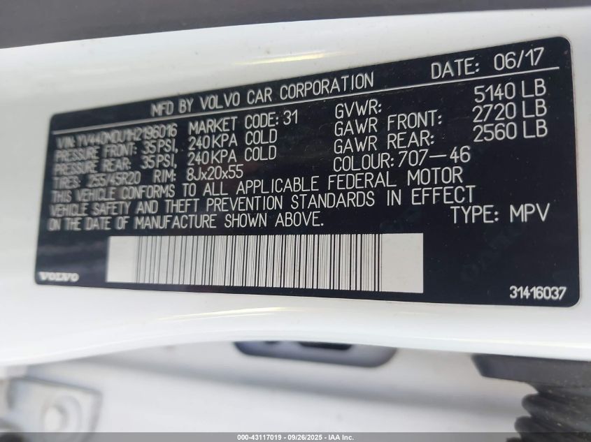 2017 Volvo Xc60 T5 Inscription VIN: YV440MDU1H2196016 Lot: 43117019