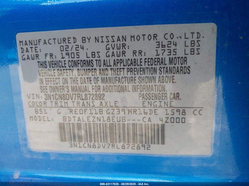2024 NISSAN VERSA 1.6 S - 3N1CN8DV7RL872892