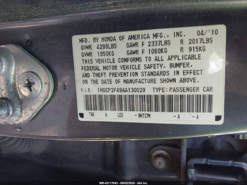 2010 Honda Accord 2.4 Lx-P VIN: 1HGCP2F49AA130029 Lot: 43117043
