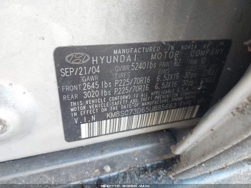 2005 Hyundai Santa Fe Gls VIN: KM8SC73D65U885663 Lot: 43117133