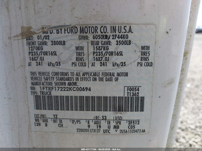 2002 Ford F-150 Xl/Xlt VIN: 1FTRF17222KC00694 Lot: 43117184