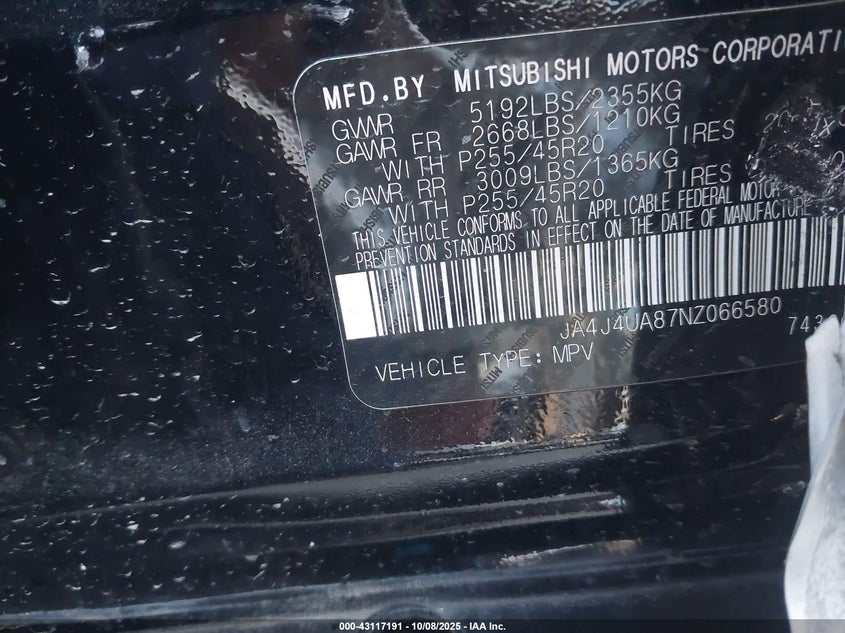 2022 Mitsubishi Outlander Black Edition S-Awc/Se 2.5 S-Awc/Se Launch Edition S-Awc VIN: JA4J4UA87NZ066580 Lot: 43117191