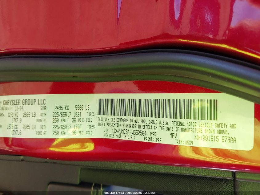 2015 Jeep Cherokee Latitude VIN: 1C4PJMCS1FW552564 Lot: 43117194