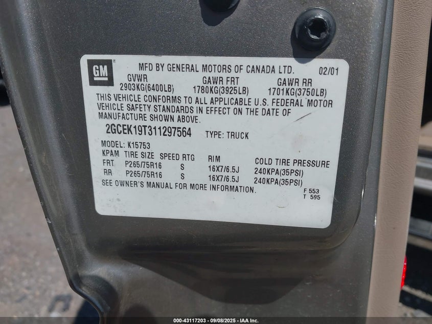 2001 Chevrolet Silverado 1500 Lt VIN: 2GCEK19T311297564 Lot: 43117203