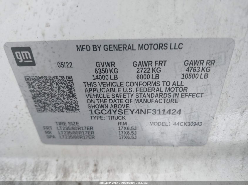 2022 Chevrolet Silverado 3500Hd 4Wd Long Bed Wt VIN: 1GC4YSEY4NF311424 Lot: 43117267