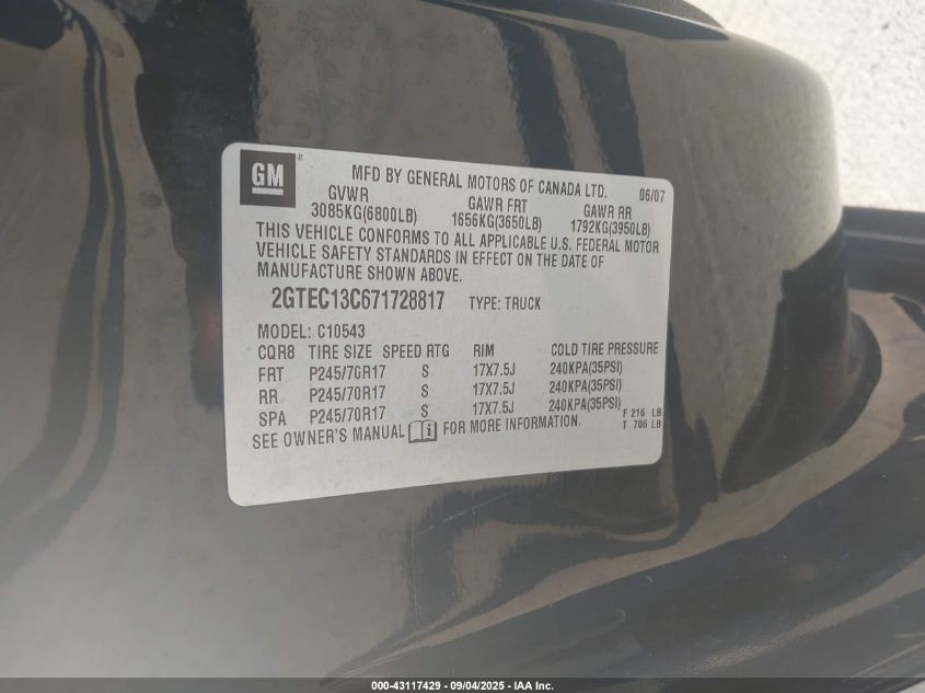 2007 GMC Sierra 1500 Sl VIN: 2GTEC13C671728817 Lot: 43117429