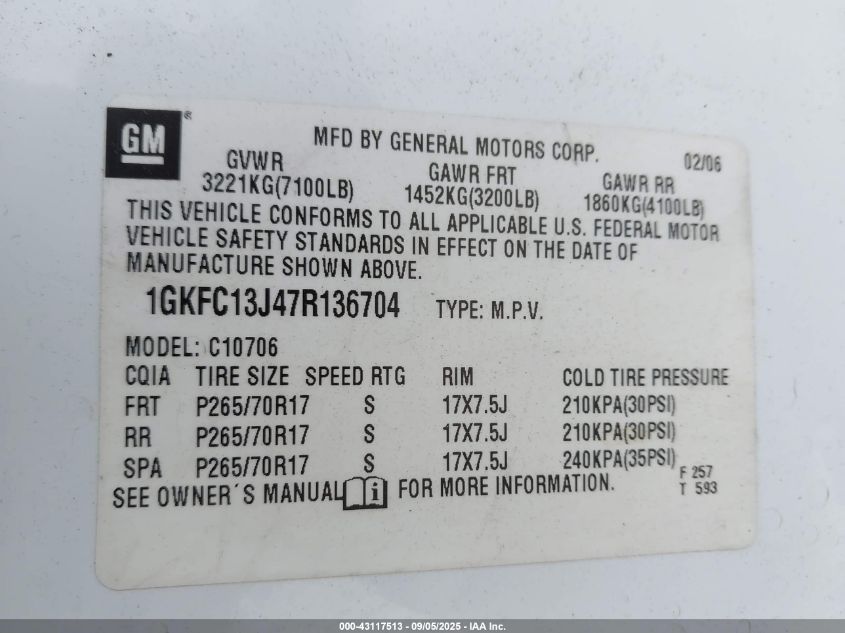 2007 GMC Yukon Commercial Fleet VIN: 1GKFC13J47R136704 Lot: 43117513