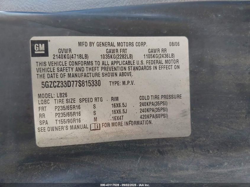 2007 Saturn Vue 4 Cyl VIN: 5GZCZ33D77S815330 Lot: 43117539