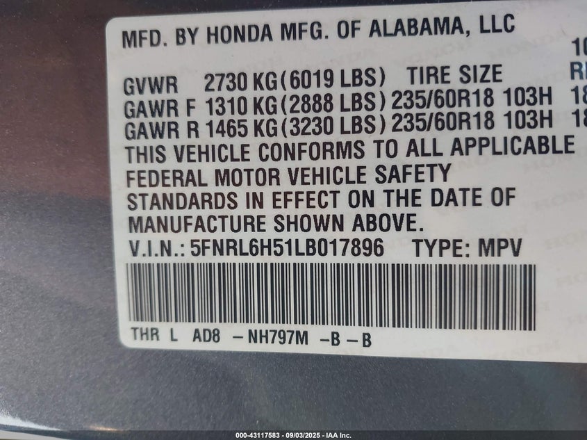 2020 Honda Odyssey Ex VIN: 5FNRL6H51LB017896 Lot: 43117583