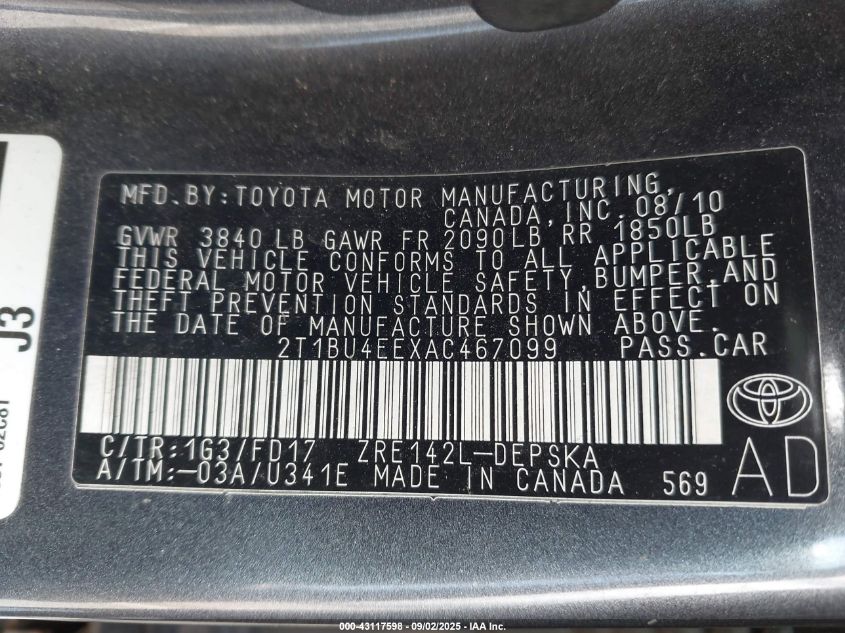 2010 Toyota Corolla S VIN: 2T1BU4EEXAC467099 Lot: 43117598