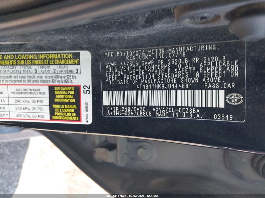 2018 TOYOTA CAMRY SE 4T1B11HK9JU144881