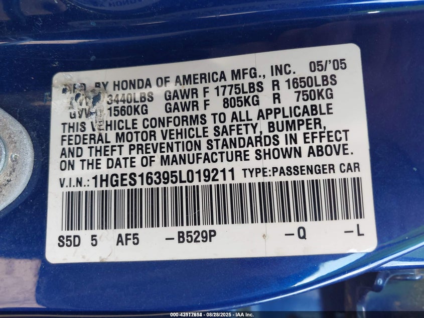 2005 Honda Civic Vp VIN: 1HGES16395L019211 Lot: 43117654