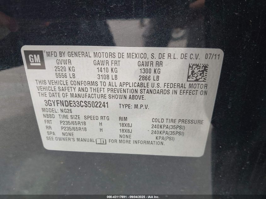 2012 Cadillac Srx Luxury Collection VIN: 3GYFNDE33CS502241 Lot: 43117691