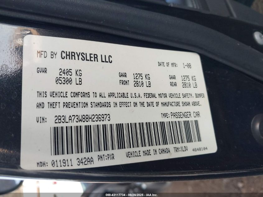 2008 Dodge Charger Srt8 VIN: 2B3LA73W88H236973 Lot: 43117734