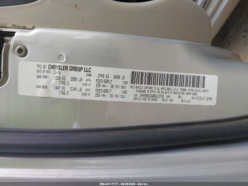 2011 Chrysler Town & Country Touring-L VIN: 2A4RR8DGXBR612793 Lot: 43117777