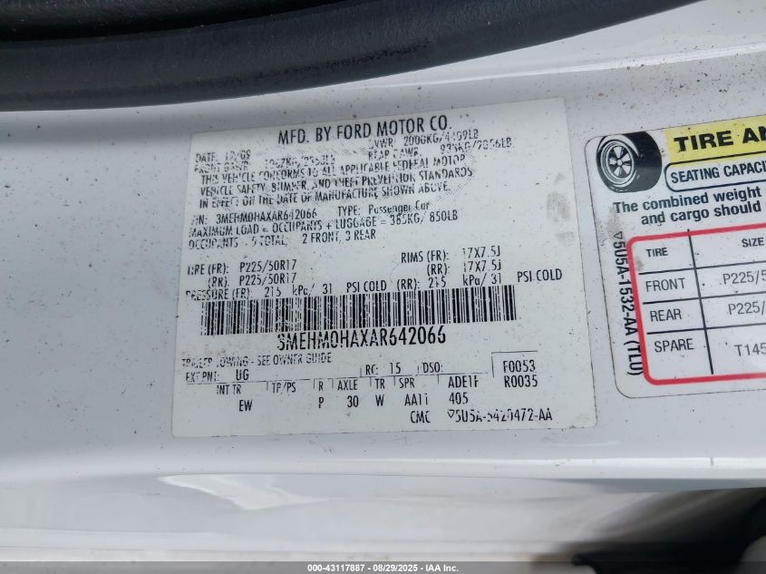 2010 Mercury Milan VIN: 3MEHM0HAXAR642066 Lot: 43117887