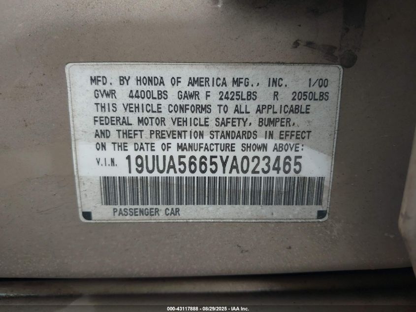 2000 Acura Tl 3.2 VIN: 19UUA5665YA023465 Lot: 43117888