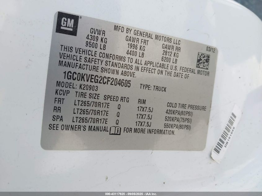 2012 Chevrolet Silverado 2500Hd Work Truck VIN: 1GC0KVEG2CF204605 Lot: 43117925