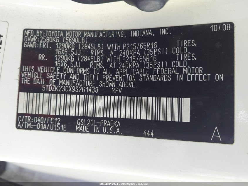 2009 Toyota Sienna Le VIN: 5TDZK23CX9S261438 Lot: 43117974