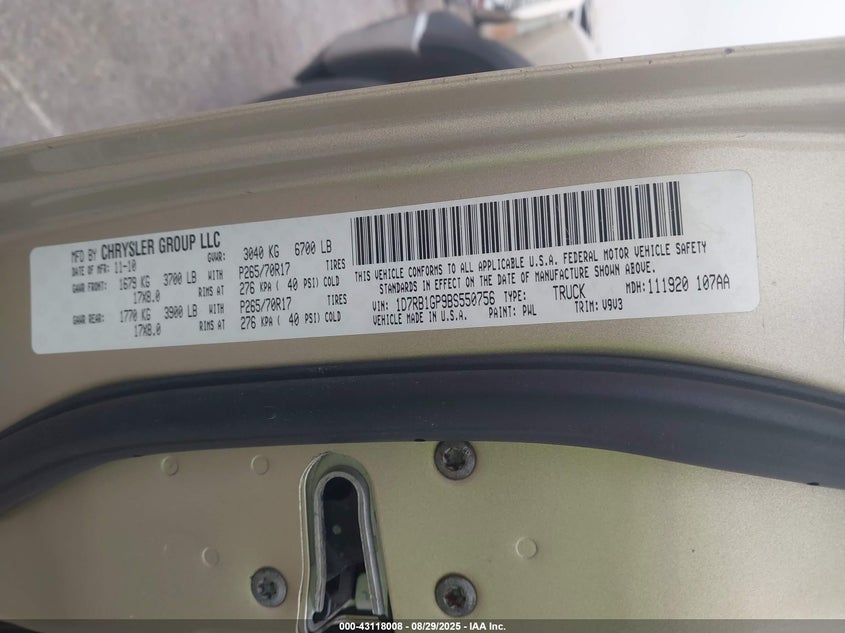 2011 Ram Ram 1500 St VIN: 1D7RB1GP9BS550756 Lot: 43118008