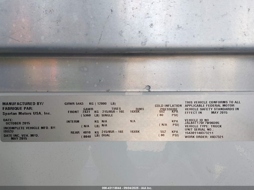 2015 Isuzu Commercial Van VIN: JALB4T170F7W00395 Lot: 43118044