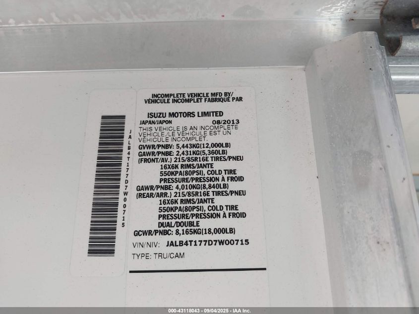 2013 Isuzu Commercial Van VIN: JALB4T177D7W00715 Lot: 43118043