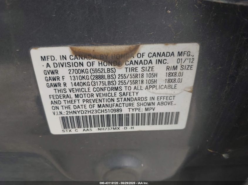 2012 Acura Mdx VIN: 2HNYD2H23CH510989 Lot: 43118120