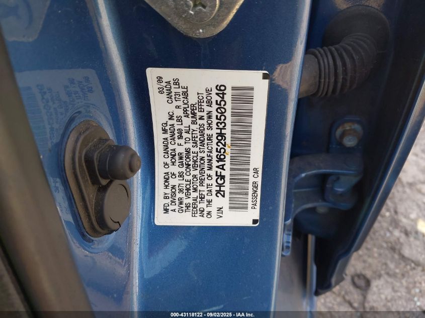 2009 Honda Civic Lx VIN: 2HGFA16529H350546 Lot: 43118122