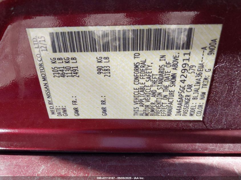 2016 Nissan Maxima 3.5 Platinum/3.5 S/3.5 Sl/3.5 Sr/3.5 Sv VIN: 1N4AA6AP5GC429911 Lot: 43118167