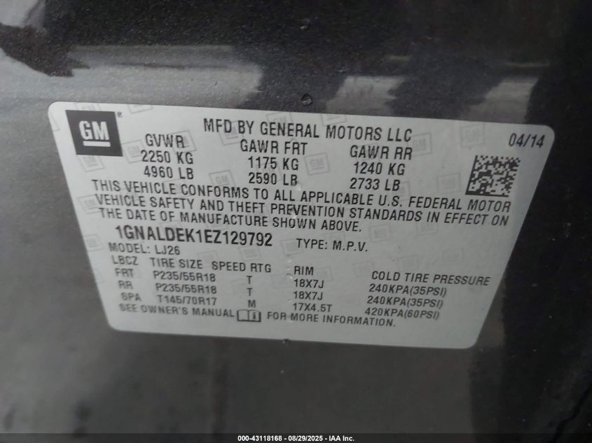 2014 Chevrolet Equinox Ltz VIN: 1GNALDEK1EZ129792 Lot: 43118168