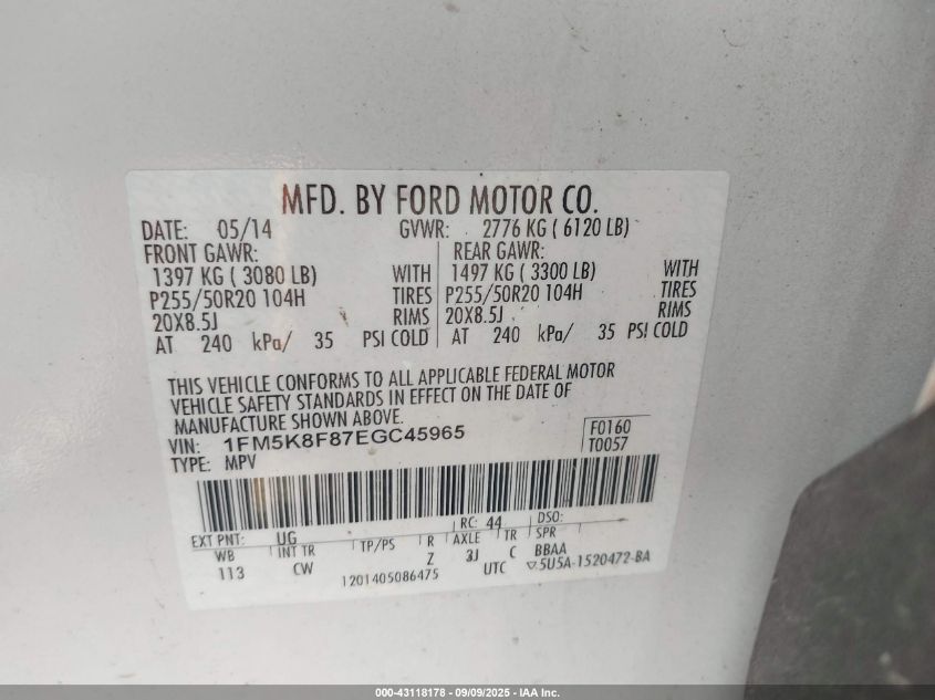 2014 Ford Explorer Limited VIN: 1FM5K8F87EGC45965 Lot: 43118178
