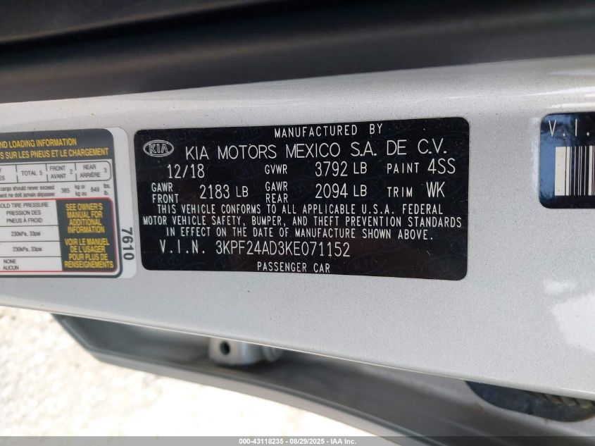 2019 Kia Forte Lxs VIN: 3KPF24AD3KE071152 Lot: 43118235