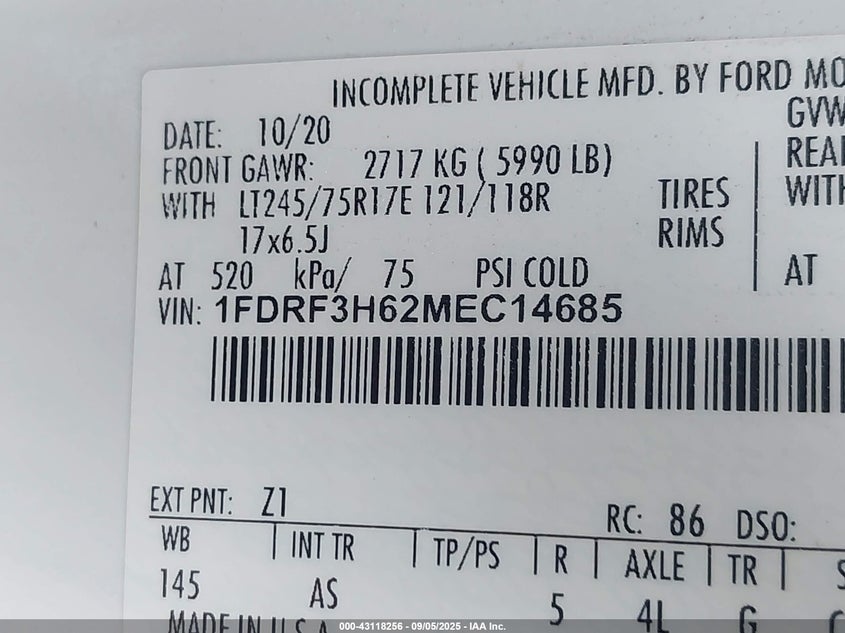 2021 Ford F-350 Chassis Xl VIN: 1FDRF3H62MEC14685 Lot: 43118256