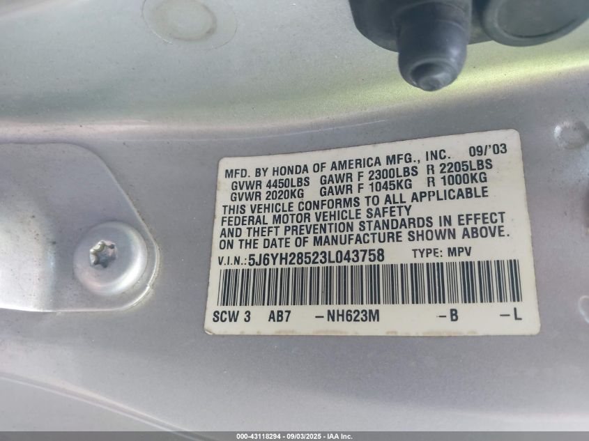 2003 Honda Element Ex VIN: 5J6YH28523L043758 Lot: 43118294