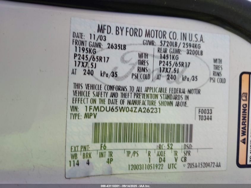 2004 Ford Explorer Limited VIN: 1FMDU65W04ZA26231 Lot: 43118301