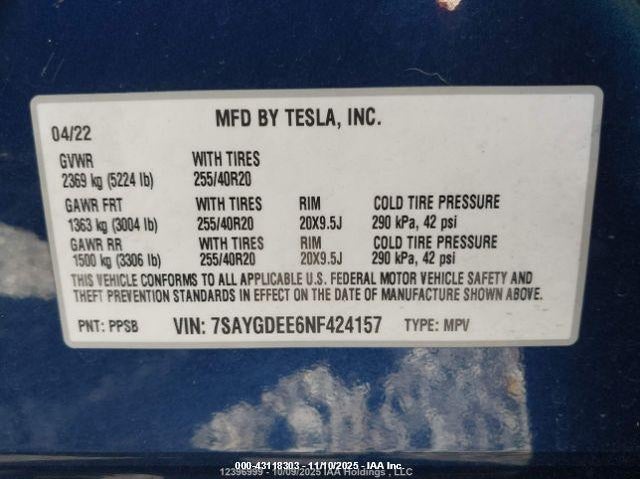 2022 Tesla Model Y Long Range Dual Motor All-Wheel Drive VIN: 7SAYGDEE6NF424157 Lot: 43118303