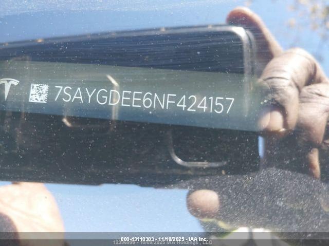2022 Tesla Model Y Long Range Dual Motor All-Wheel Drive VIN: 7SAYGDEE6NF424157 Lot: 43118303