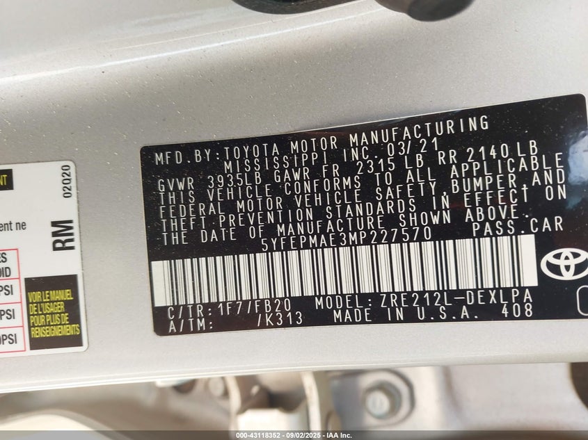 2021 TOYOTA COROLLA LE 5YFEPMAE3MP227570