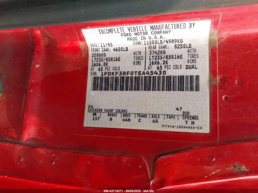 1996 Ford F350 VIN: 1FDKF38F0TEA45430 Lot: 43118371