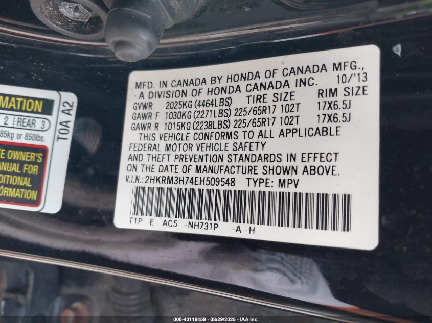 2014 Honda Cr-V Ex-L VIN: 2HKRM3H74EH509548 Lot: 43118459