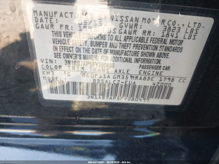 2015 Nissan Sentra S VIN: 3N1AB7AP5FY280499 Lot: 43118461