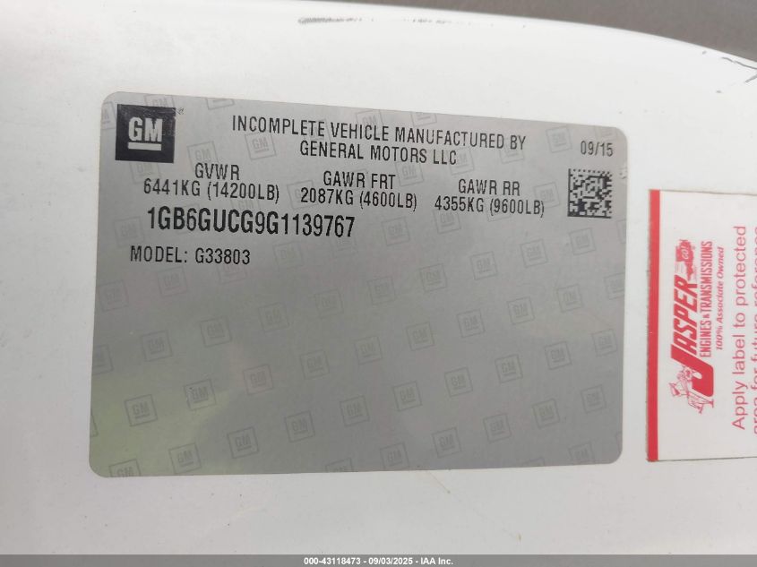 2016 Chevrolet Express Cutaway 4500 VIN: 1GB6GUCG9G1139767 Lot: 43118473